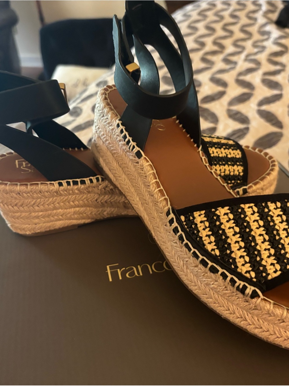Franco Sarto Black and Natural Braided Espadrille Wedge Sandals - Picture 2 of 4
